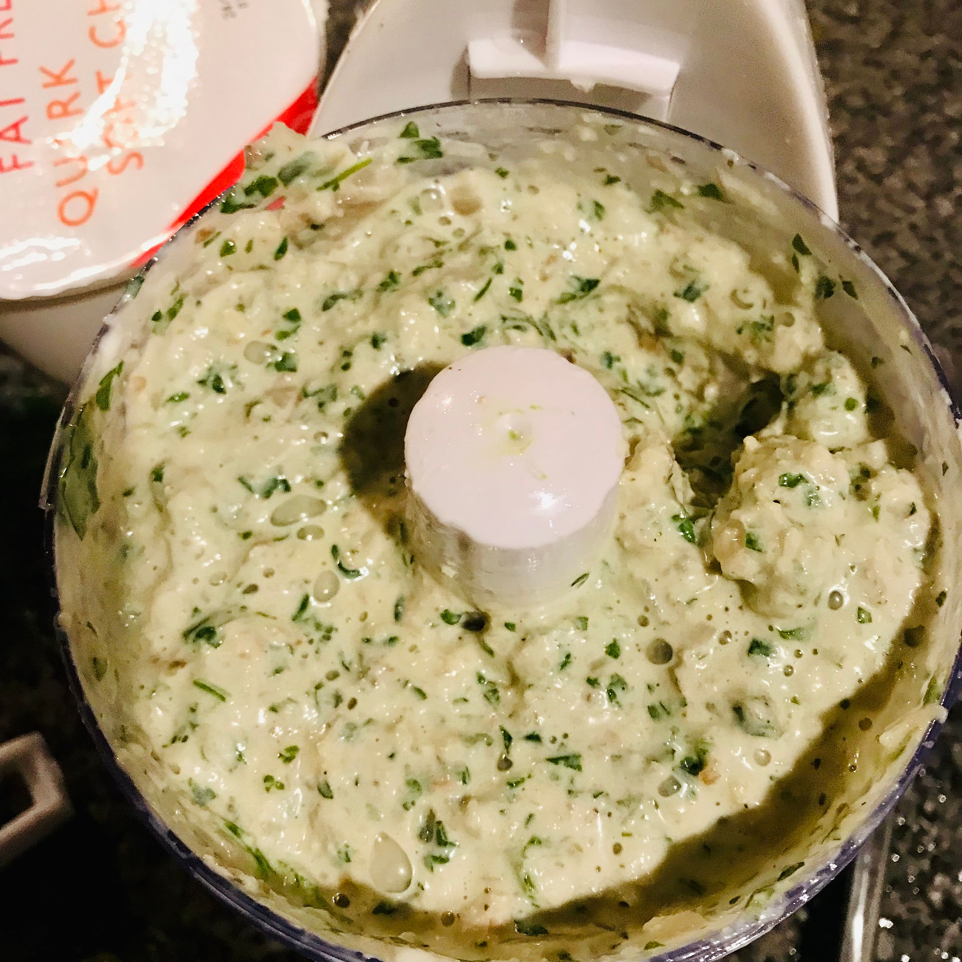 Add the remaining Quark and blend into a fairly smooth pesto
