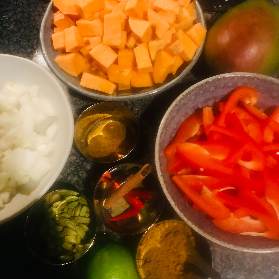 The vegetable ingredients fo zero-fat prawn and mango curry