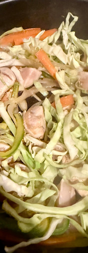 Add the chicken around the time you add the cabbage