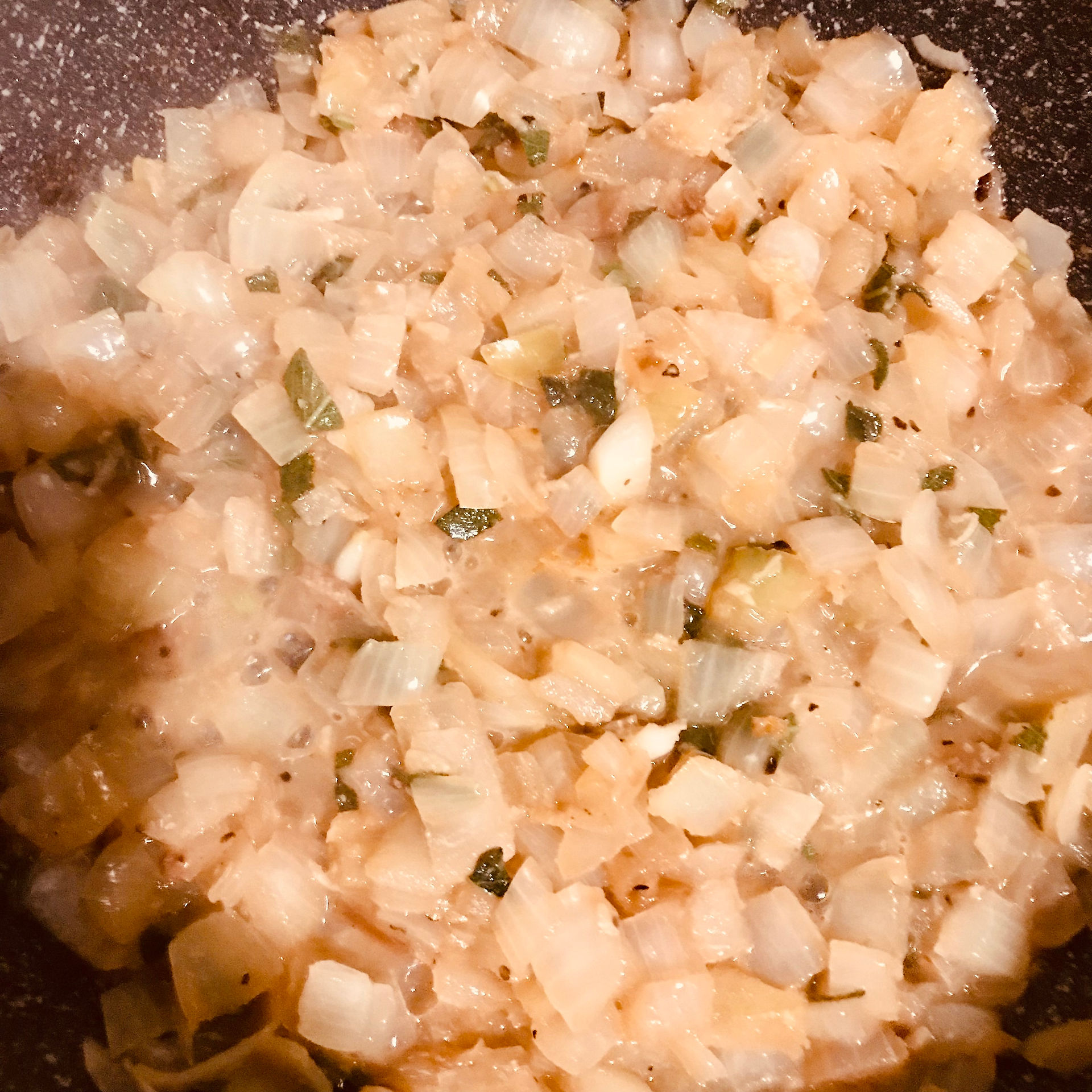 Sauté the garlic, onions and chopped fresh sage
