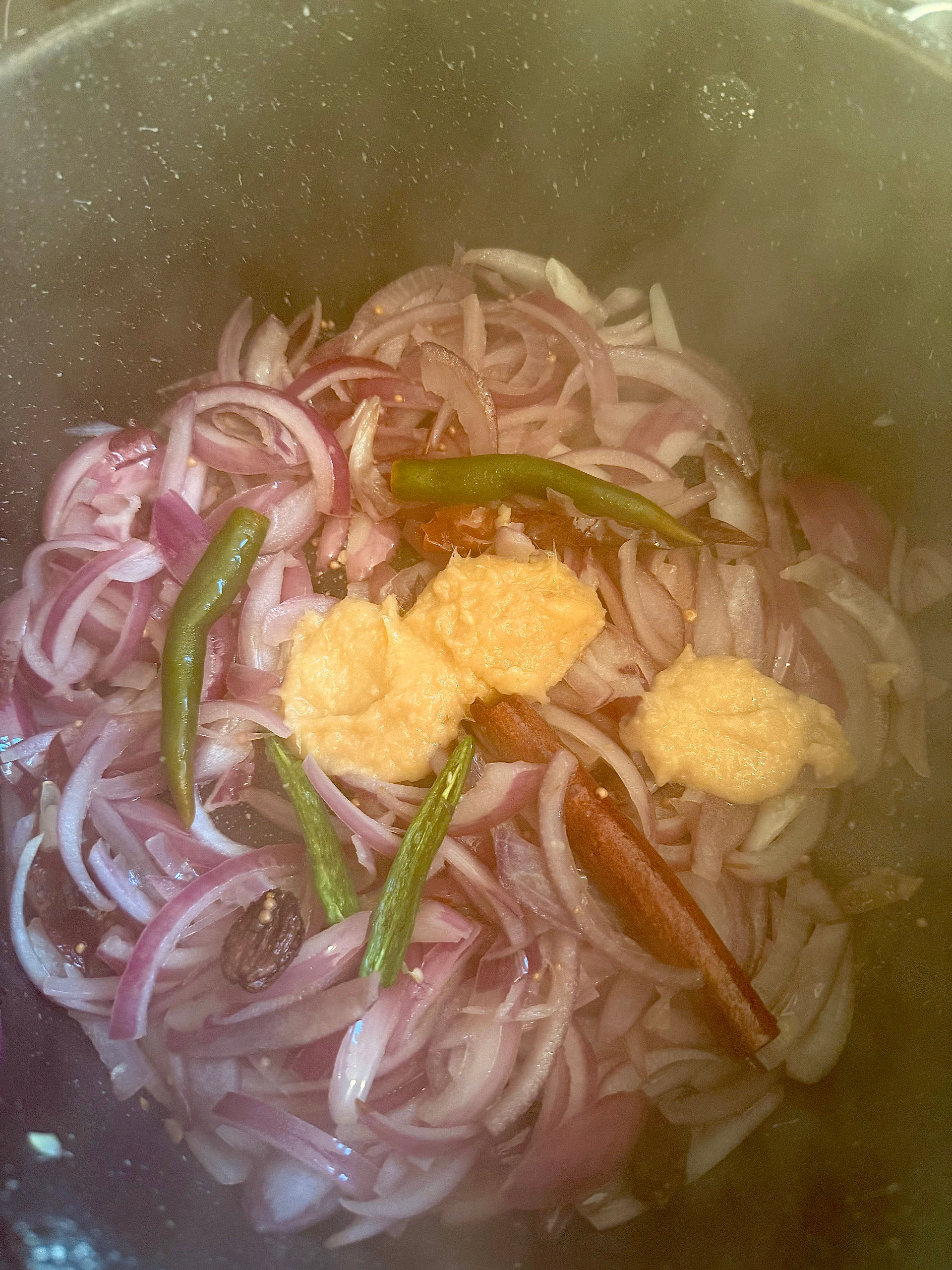 Add the garlic & ginger paste and green chillies to the softening onions