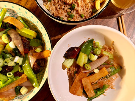 Cantonese glazed pork belly with vegetables