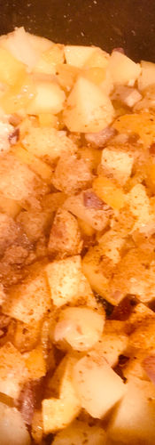 Add the cubed potatoes to the hash and stir in