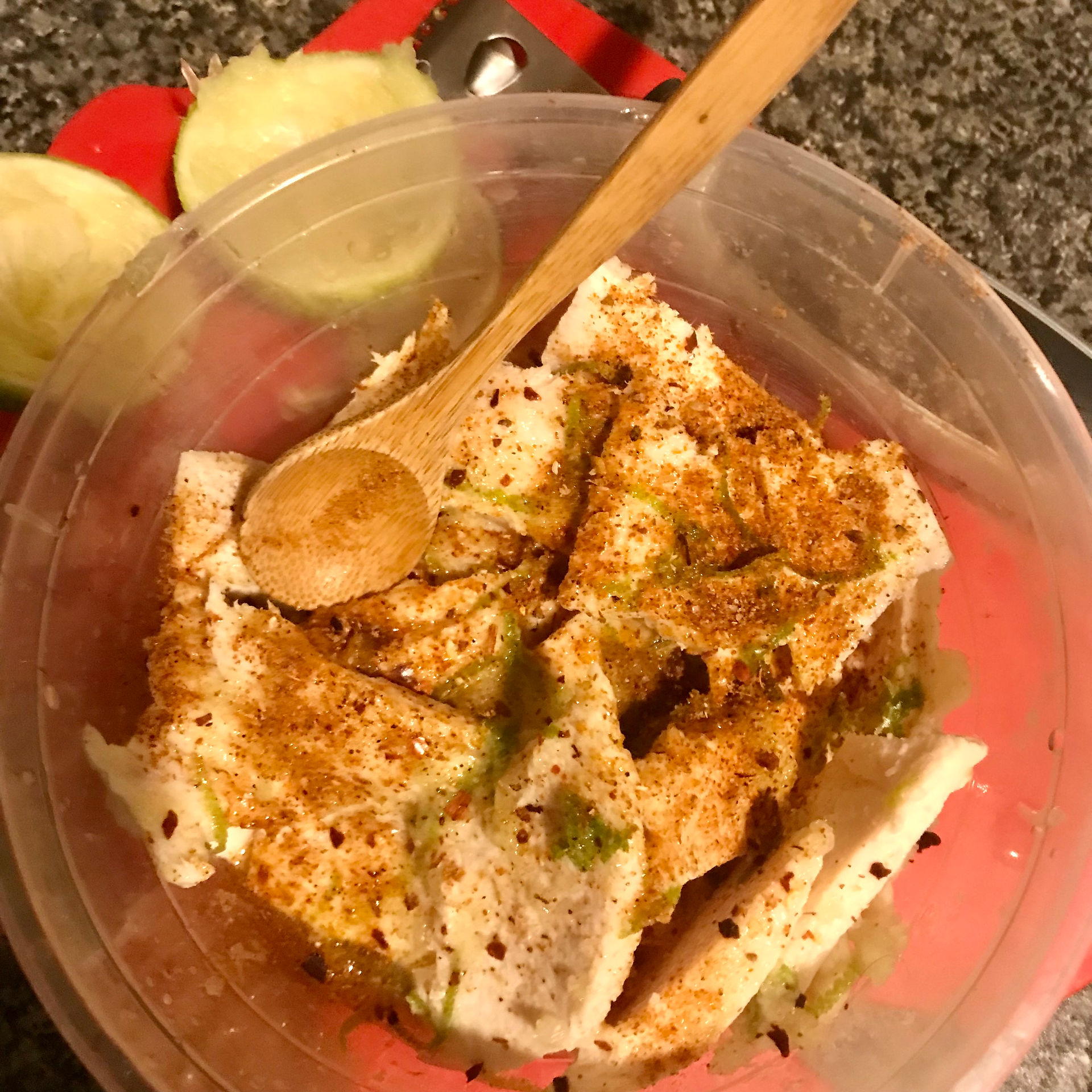 Dress the cooked chicken with spices and sprinkle on the lime juice
