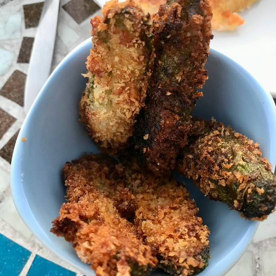 Marmite panko baby courgettes and samphire with black garlic