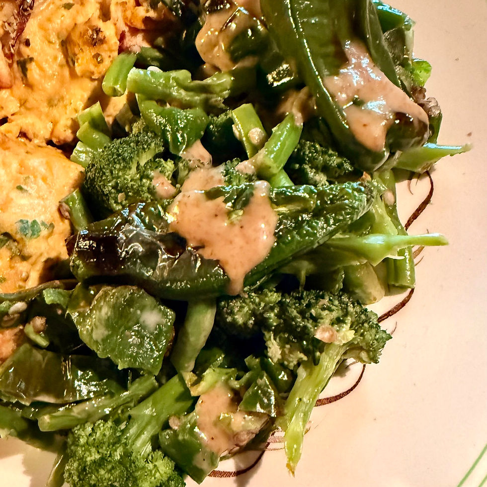 salad of broccoli, fresh green beans and grilled padrón pepper dressed in a traditional Japanese sesame dressing