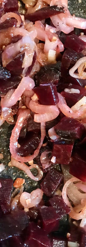 Add the cubed beetroot into the pan and cook on a medium high-heat