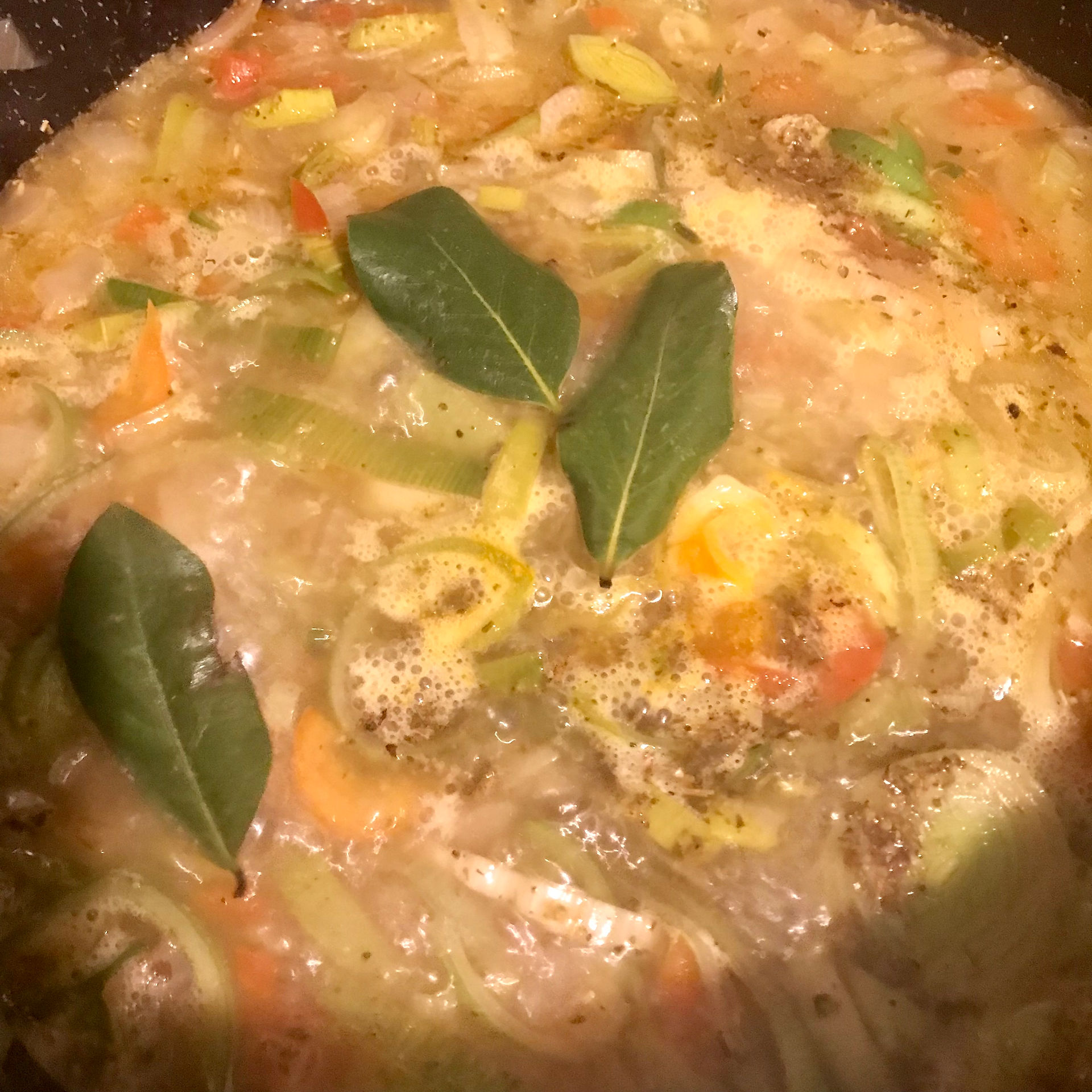 Bring the stock and cider to a health simmer and add the bay leaves