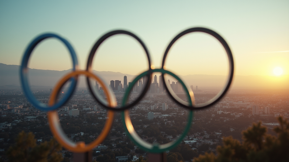 High angle view of the Los Angeles skyline with Olympic rings in the foreground