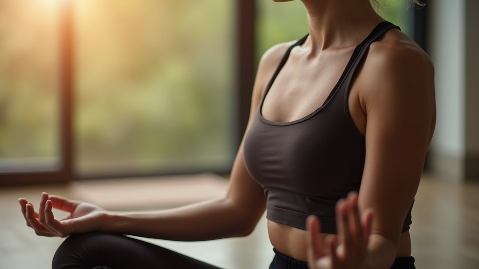 Close-up of a yoga instructor demonstrating a calming breathing technique
