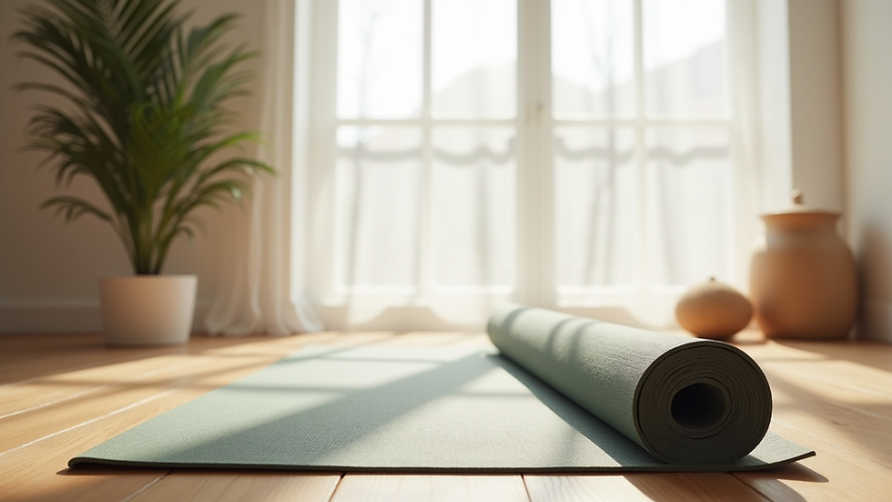 Eye-level view of a yoga mat and props arranged in a peaceful studio