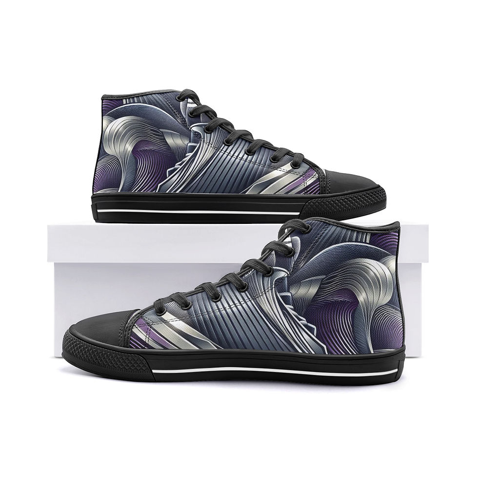 Thumbnail: Outside view of black version of Gsole Ukiyo-e wave-inspired High-top canvas sneaker.