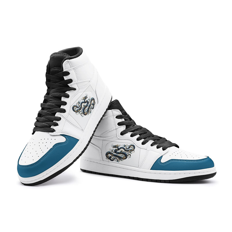 Thumbnail: Outside view. Gsole white with snake image and blue tip high-top sneaker.