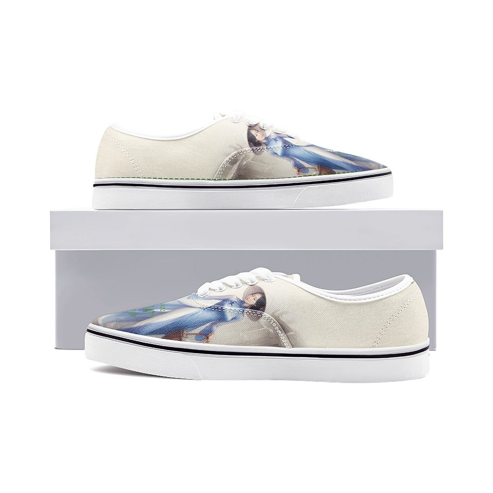 Outside view. Gsole Vietnamese lady painting low-cut canvas sneaker.