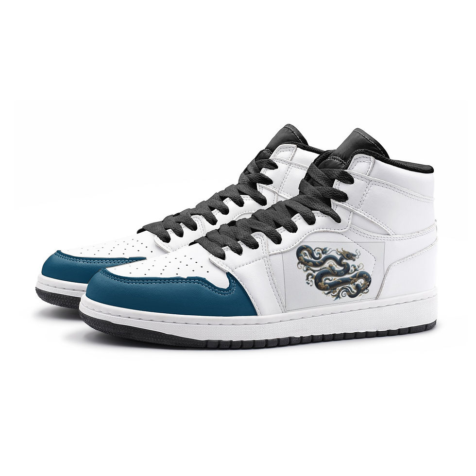 Thumbnail: Outside view. Gsole white with snake image and blue tip high-top sneaker.