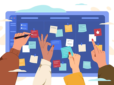 quadro-de-tarefas-do-scrum-plano-com-as-maos-dos-membros-da-equipe-e-adesivos-de-papel-col