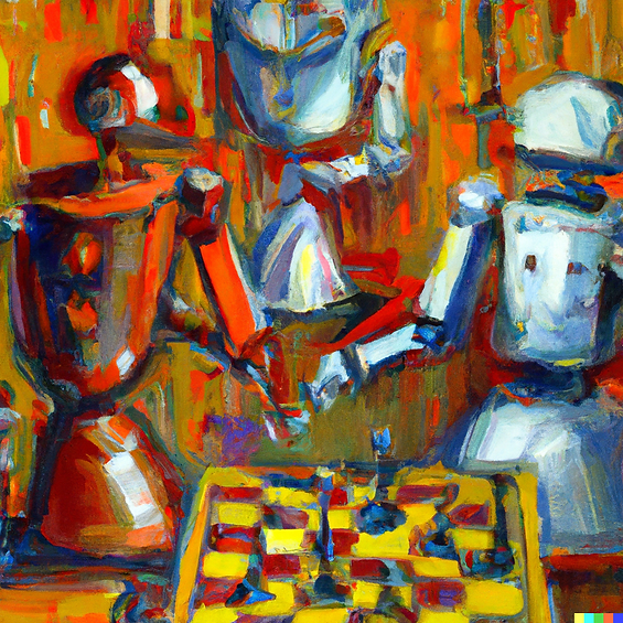 chess board, three robots, one robot is red the other two are blue white, impressionist painting