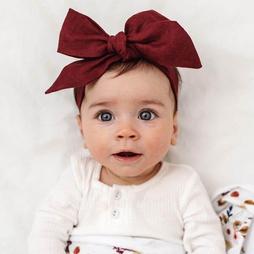 Snuggle Hunny | Burgundy Baby Linen Headbow Wrap