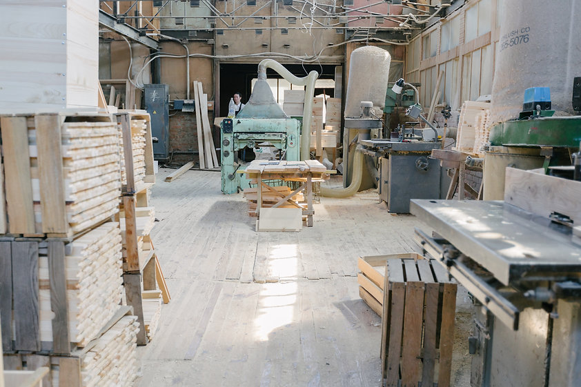 Interior of a carpentry woodshop office.