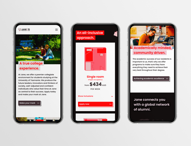 Mobile responsive UX/UI design for Jane Franklin Hall