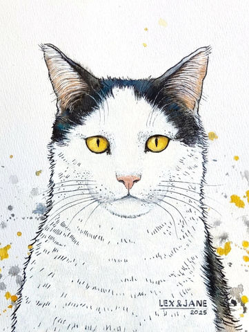 Mixed media portrait on paper of Luno, a highly charismatic street cat, from the "Street Friends" series.