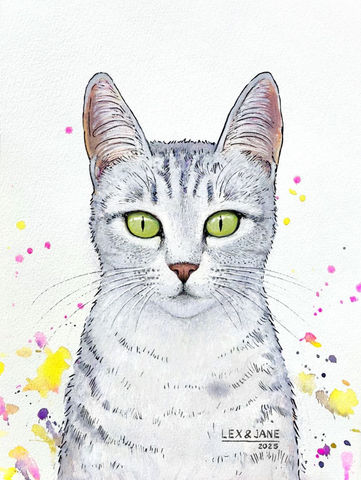 Gracie the stray cat portrait, mixed media on paper, Lex & Jane art.