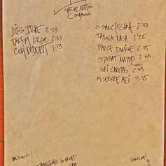 Original handwritten sheet listing all song titles from the album Homo Hymns by General Malaise, written by Claude Marquis
