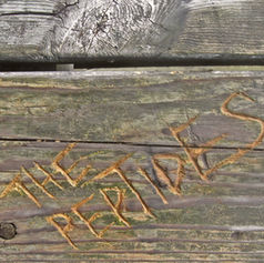 Close-up of “The PepTides” carved into a wooden dock at Meech Lake, Québec