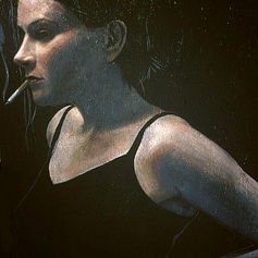 Worriers (1996) painting #4 by Claude Marquis, portrait of figure, black background, Mercury Lounge Ottawa