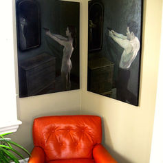 Claude Marquis paintings shown in a home interior, two works by Claude Marquis, acrylic paintings from various series.