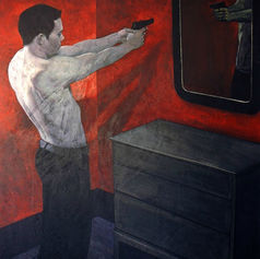 Painting by Claude Marquis from the Martyrs series, dark-background figurative martyr, artwork by Claude Marquis.
