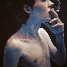 Worriers (1996) painting #8 by Claude Marquis, portrait of figure, black background, Mercury Lounge Ottawa