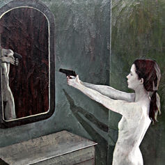 Painting by Claude Marquis from the Martyrs series, expressive standing martyr figure, contemporary work by Claude Marquis.