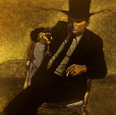 Painting by Claude Marquis from the Teflon Father Series (1994) depicting the artist’s father as the Teflon Father character seated in a chair wearing a top hat and suit, drinking and smoking, transformed into a symbolic figure in a surreal psychological style.