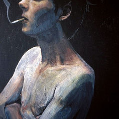 Worriers (1996) painting #5 by Claude Marquis, portrait of figure, black background, Mercury Lounge Ottawa