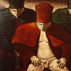 Painting by Claude Marquis from the Teflon Father Series (1994) depicting stylized figures as priests and a cardinal in religious garb, partially nude, transformed into symbolic figures in a surreal psychological style.