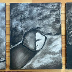 Painting by Claude Marquis from the Teflon Father Series (1994) depicting the first panel of the triptych "Father Leaving Home" with a stylized Teflon Father character transformed into a symbolic figure in a surreal psychological style.