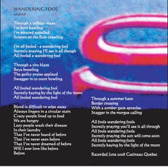 Page from the Stereo Stereo album booklet showing the lyrics for "Wandering Fool" by Claude Marquis.