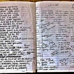 Lyrics sheet for "Love Thy Neighbour" from the album Love Question Mark, written by Claude Marquis. Shows handwritten notes and song structure, reflecting the creative process behind the track.
