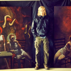 Claude Marquis with Adam and Eve and Eve paintings, Canadian artist Claude Marquis posing with his acrylic biblical paintings