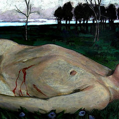 Claude Marquis theatrical painting, Rigor Mortis series, contemporary figurative acrylic, Ottawa-based artist, musician, multidisciplinary projects