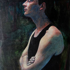 Worriers (1996) painting #7 by Claude Marquis, portrait of figure, black background, Mercury Lounge Ottawa