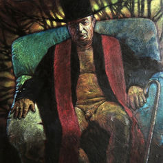 Painting by Claude Marquis from the Teflon Father Series (1994) depicting the artist’s father as the Teflon Father character seated on a sofa in judge’s attire and top hat, partially naked, transformed into a symbolic figure in a surreal psychological style.