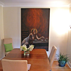 Claude Marquis Eve painting in private collection home setting, acrylic biblical portrait painting by Canadian artist Claude Marquis