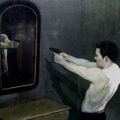Painting by Claude Marquis from the Martyrs series, figurative martyr figure, acrylic, Ottawa artist Claude Marquis.