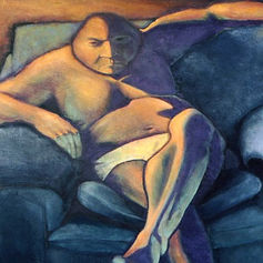 Painting by Claude Marquis from the Teflon Father Series (1994) depicting a stylized version of the Teflon Father character lounging on a sofa in his underwear watching TV, transformed into a symbolic figure in a surreal psychological style.