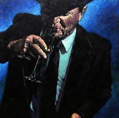 Painting by Claude Marquis from the Teflon Father Series (1994) depicting the artist’s father as the Teflon Father character in a top hat and suit, drinking and smoking, transformed into a symbolic figure in a surreal psychological style.