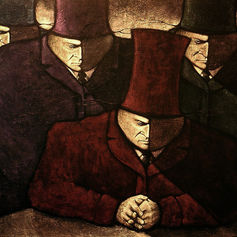 Painting by Claude Marquis from the Teflon Father Series (1994) depicting a stylized version of the Teflon Father character as four brothers, transformed into symbolic figures in a surreal psychological style.