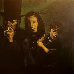 Painting by Claude Marquis from the Teflon Father Series (1994) depicting symbolic figures of the artist’s father, sister, and nephew transformed into mythic characters in a surreal psychological style.