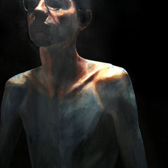 Worriers (1996) painting #1 by Claude Marquis, portrait of figure, black background, Mercury Lounge Ottawa
